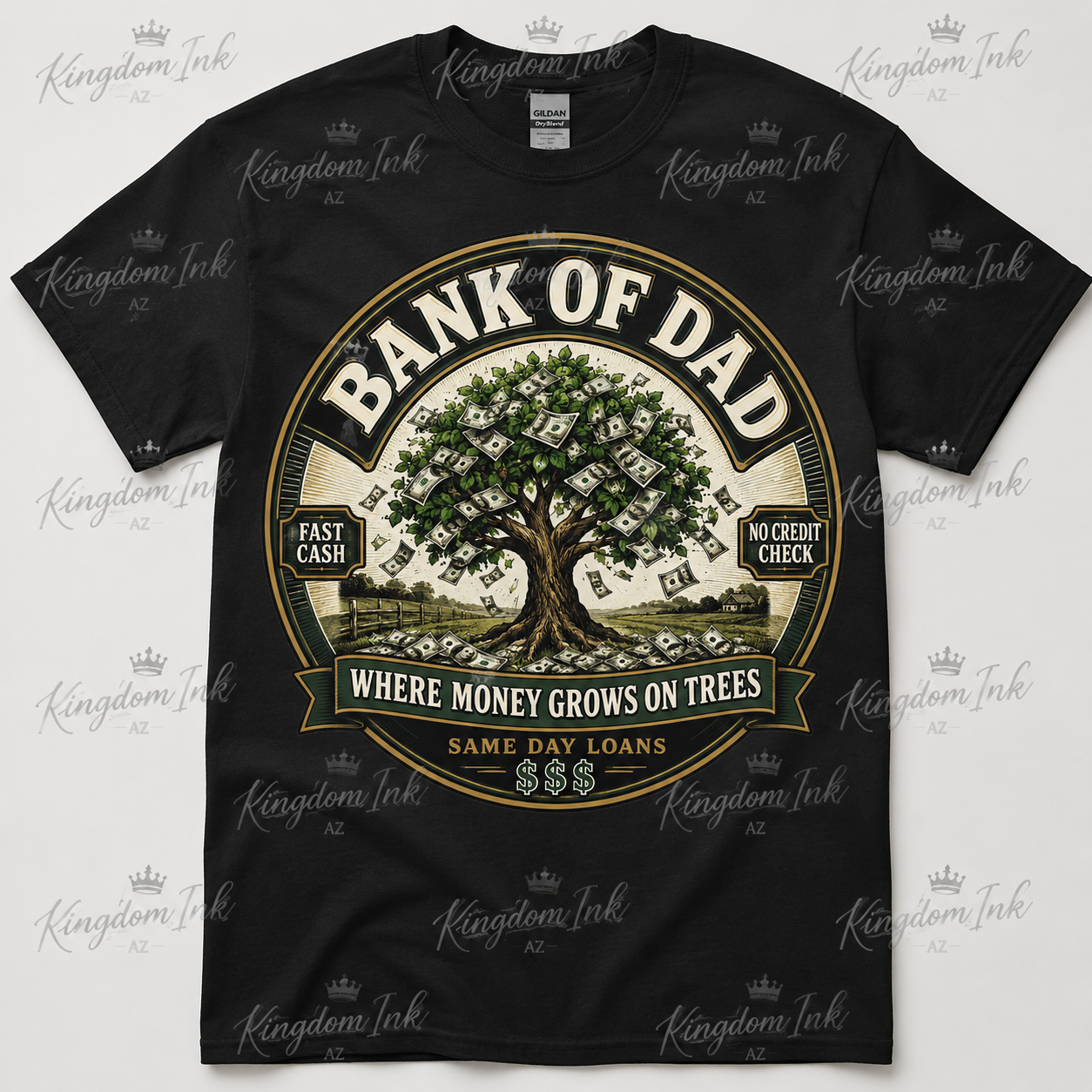 Bank of Dad black Gildan 8000 DryBlend T-shirt mockup by Kingdom Ink AZ