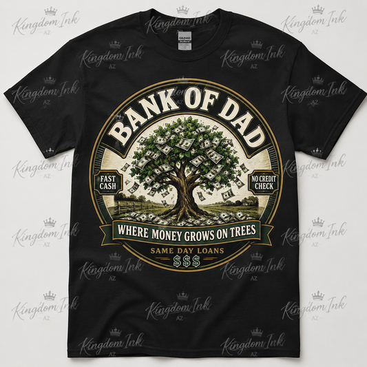 Bank of Dad black Gildan 8000 DryBlend T-shirt mockup by Kingdom Ink AZ