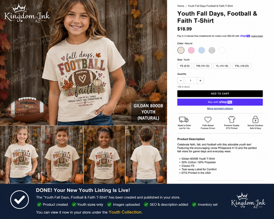 Fall Days Football and Faith youth shirt sample - Kingdom Ink AZ